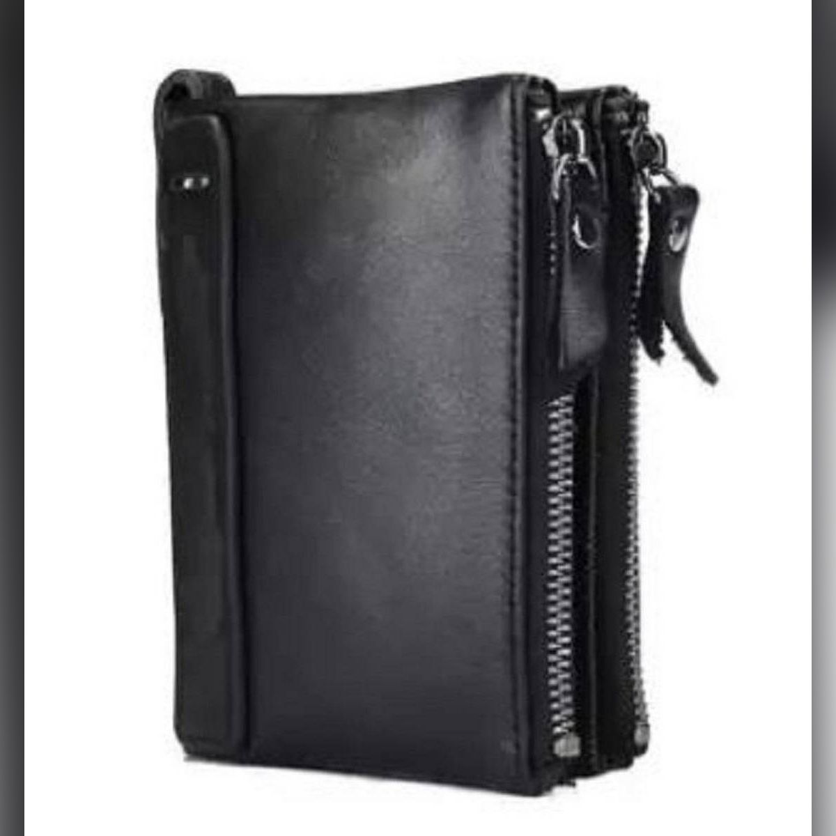 Black Double Zip Coin Leather Wallet