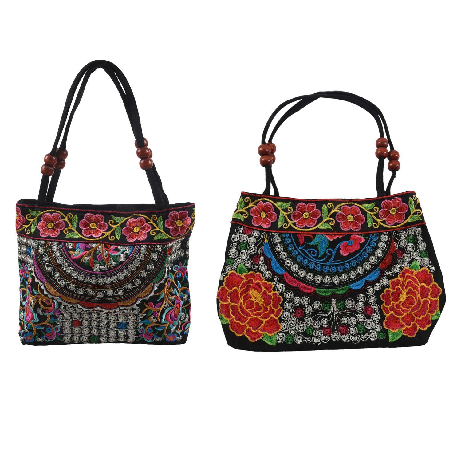 2 Pcs Chinese Style Women Handbag Embroidery Ethnic Summer Fashion Handmade Flowers Ladies Tote Shoulder Bags Cross-Body (Red Double Peony & Flowers)