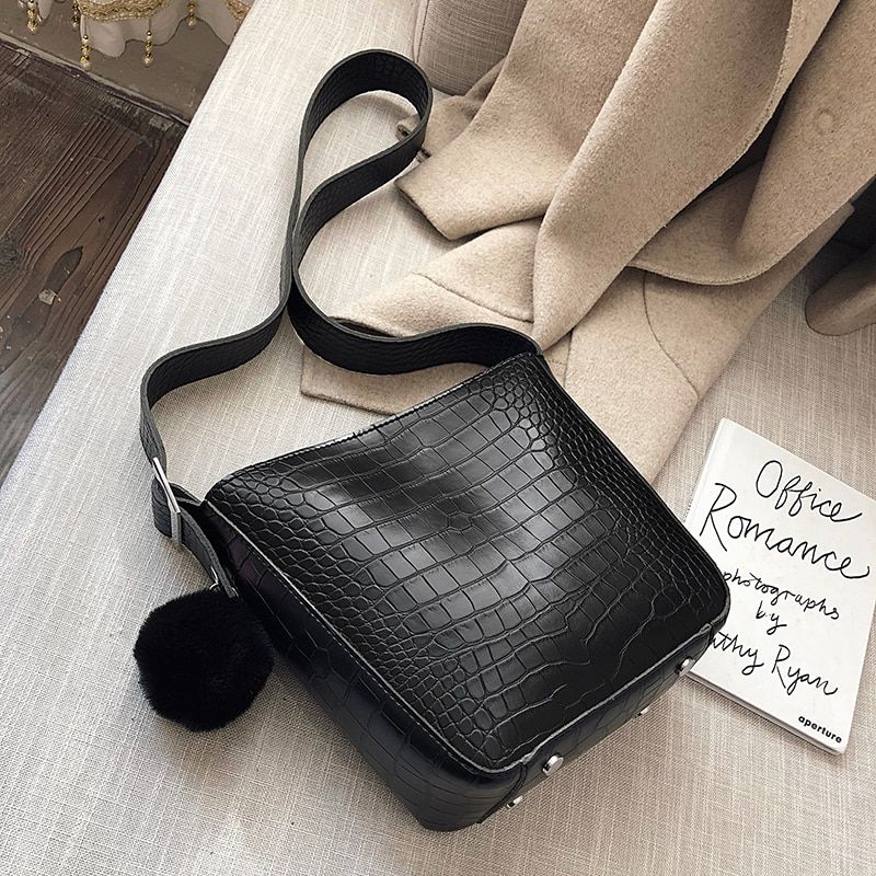 Stone Pattern PU Leather Bucket Bags For Women 2020 Small Crossbody Shoulder Simple Bag Hairball Handbags