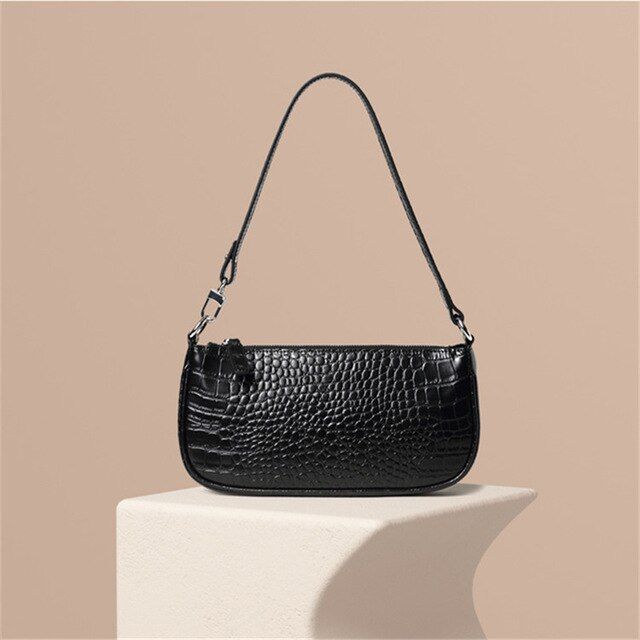 Vintage Elegant Women Baguette Shape Bags 2020 New Fashion Crocodile pattern leather Black shoulder bag Female Luxury Handbags