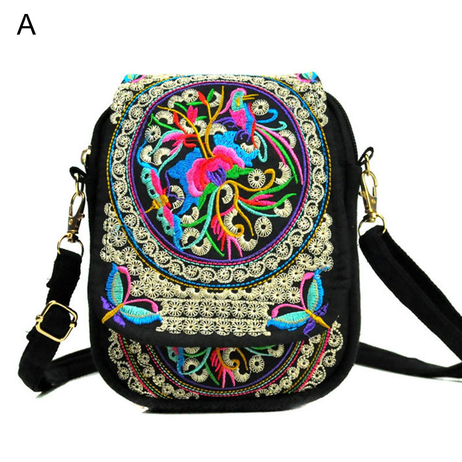 Crossbody Bag Two Pockets Vintage Flower Embroidery Phone Pouch