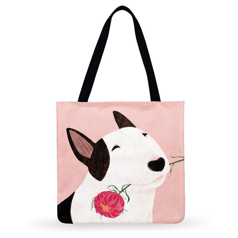 Women Casual Tote Cute Bull Terrier Illustration Print Tote Bag Ladies Shoulder Bag Foldable Shopping Bag Outdoor Bag Beach Bags