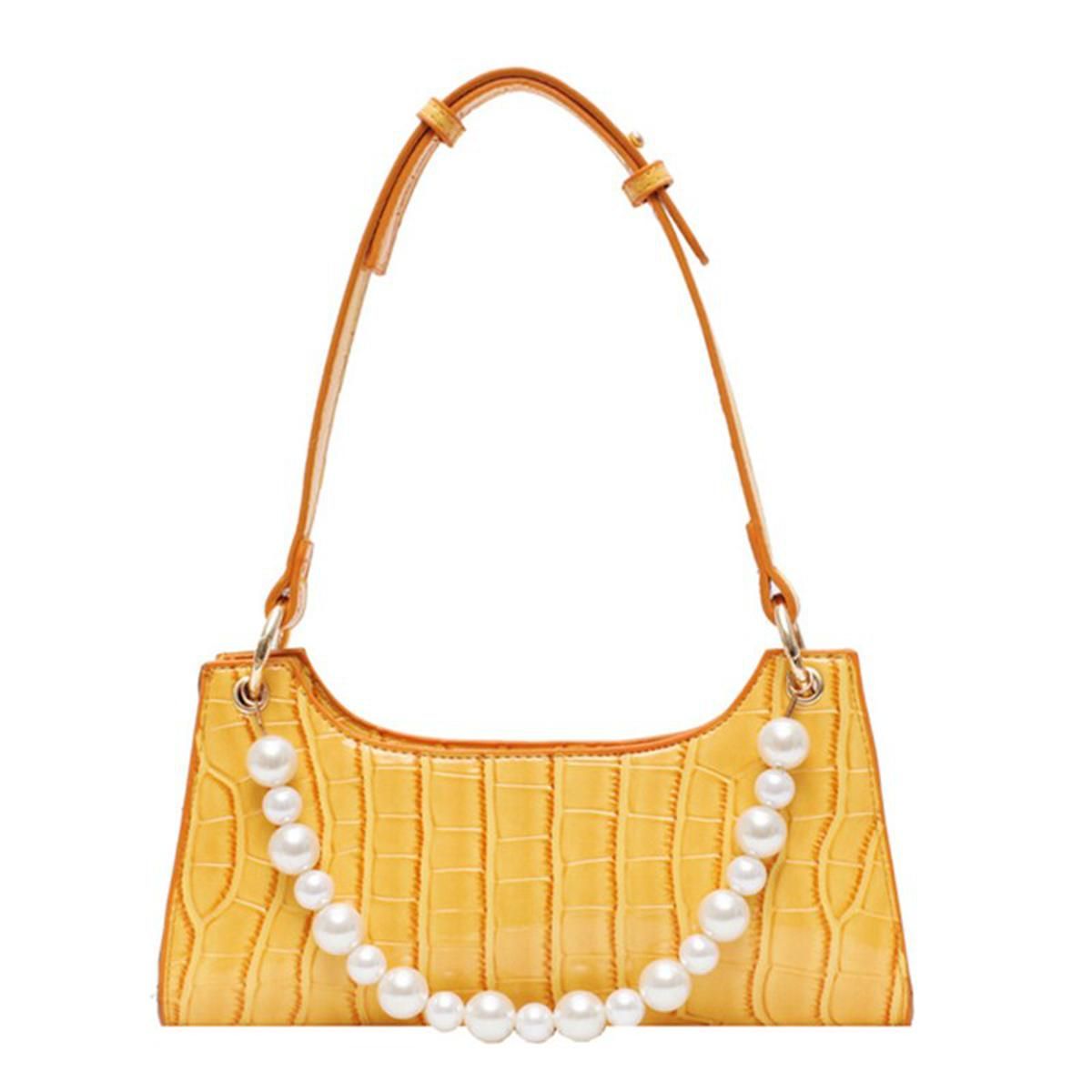Women Tote Bags Vintage Baguette Handbag Mini PU Leather Chain Pearl Shoulder Bag Retro Women Bag Stone Pattern Female Purse