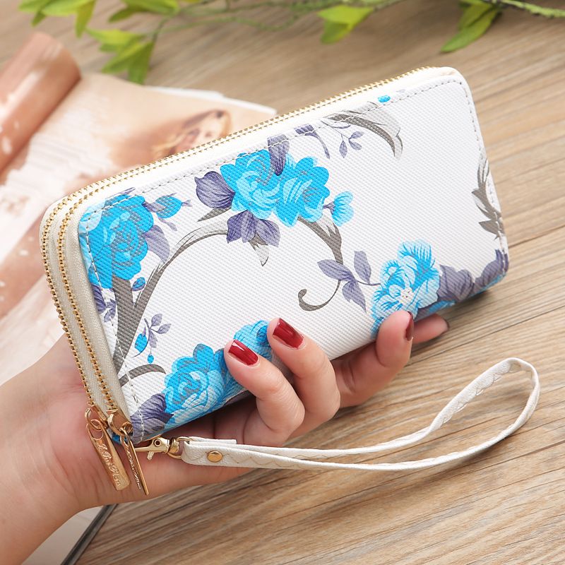 Women's Rose Print Double Zip Wallet Double Zip PU Clutch Bag Fashion Multi Card Holder Wallet