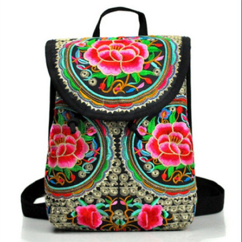 Vintage Floral Peony Embroidery Ethnic Canvas Backpack Women Handmade Travel Bags Schoolbag Backpacks Rucksack