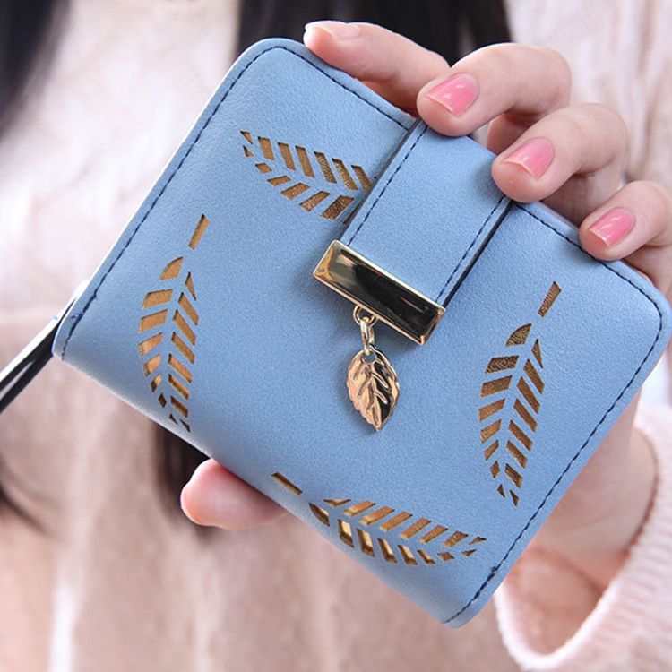 Lady Short Purse Zipper Buckle Hollow Leaf Zipper Wallet