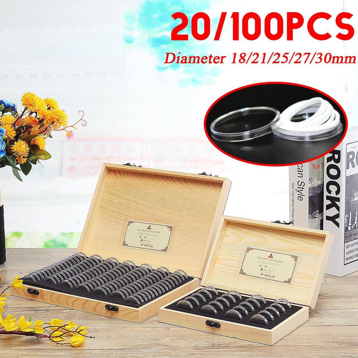 20/100Pcs Rugged Wooden Coins Display Case Capsule Holder Storage Collection Box