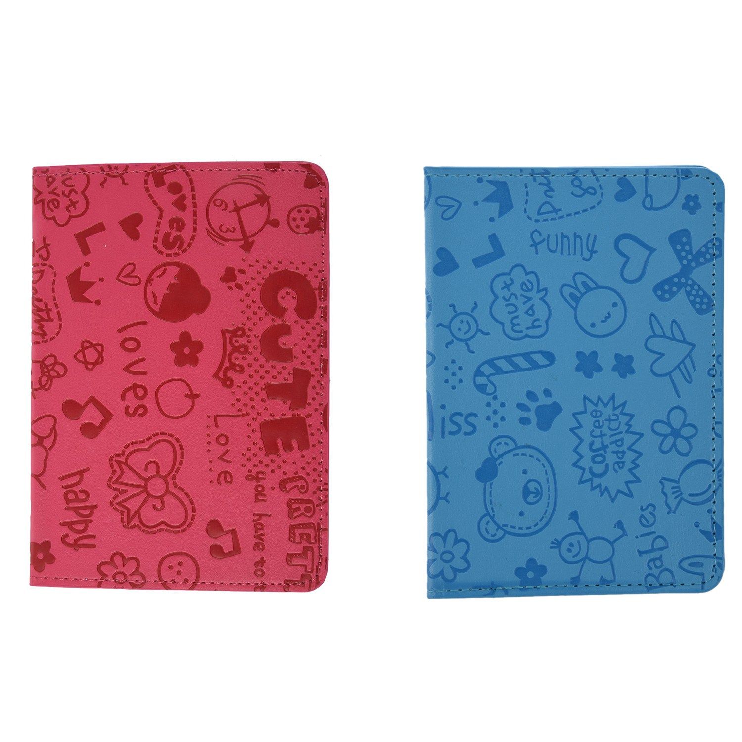 Solid 2 Pcs Organizer Passport Cover Leather Passport Holder, Blue & Rose Red