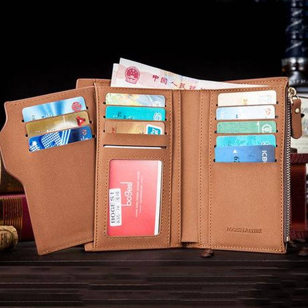 Brown Luxury Famous Brand Bogesi One Zip Coin Leather Wallet