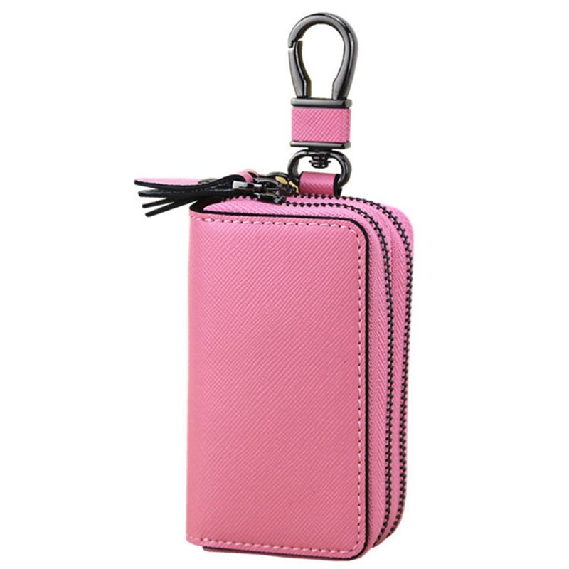 Cross Grain PU Leather Key Case Multifunctional Double-Layer Zipper Key Case Key Pink