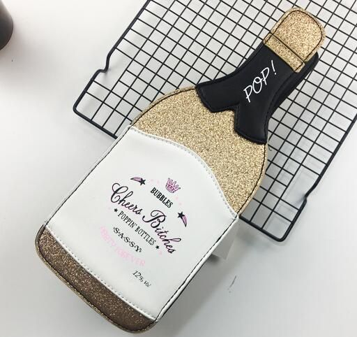 Fashion Golden Bottle Design Sequined Letters Female Shoulder Chain Bag Purses and Handbags Women Clutch Bag Leather Bolsas Bag