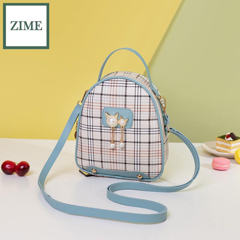 ZIME Korean version of ladies Scottish plaid small backpack autumn and winter pearl bag