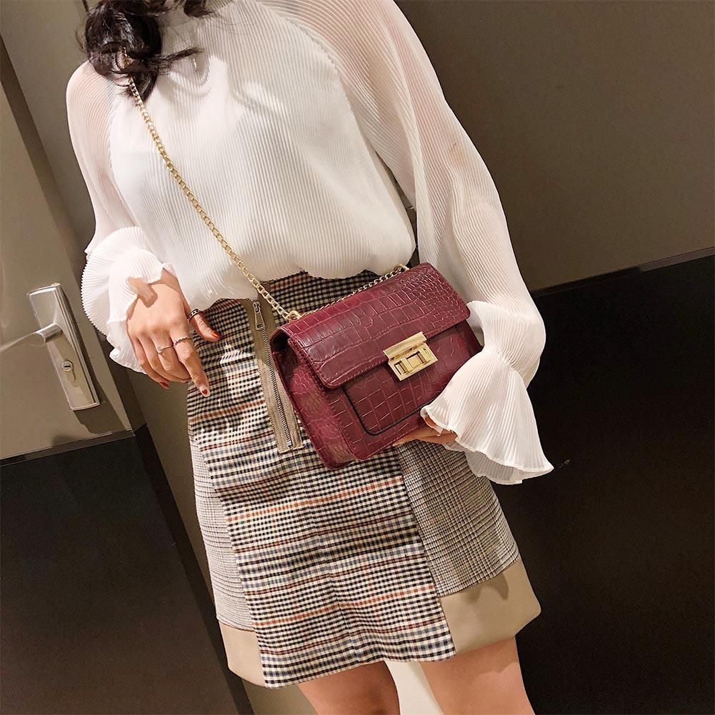 Retro Chain Flap Stone Pattern Shoulder Handbags Women Leather Satchel Bags