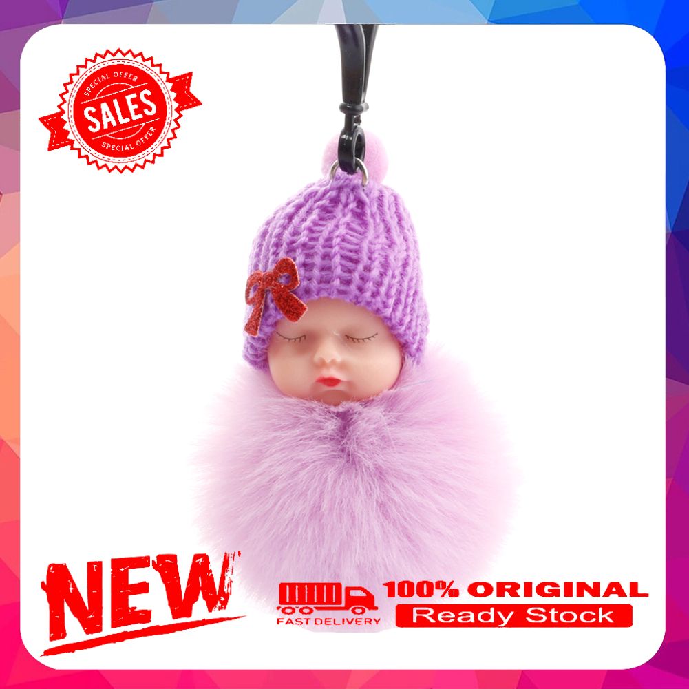 Cute Sleeping Baby Bowknot Fluffy Fur Plush Doll Ball Pendant Keychain Key Ring