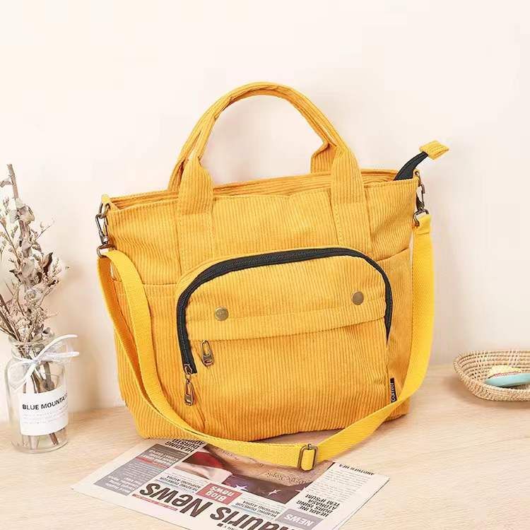 Corduroy Shoulder Bag Women Vintage Shopping Bags Zipper Girls StuBookbag Handbags Casual Tote With Outside Pocket