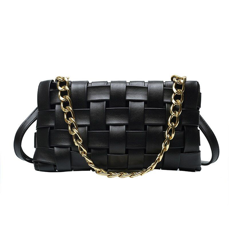 Yogodlns Fashion Chain Shoulder Bag For Women PU Leather Woven Bag Solid Color All-match Crossbody Bag Designer Baguette Bag