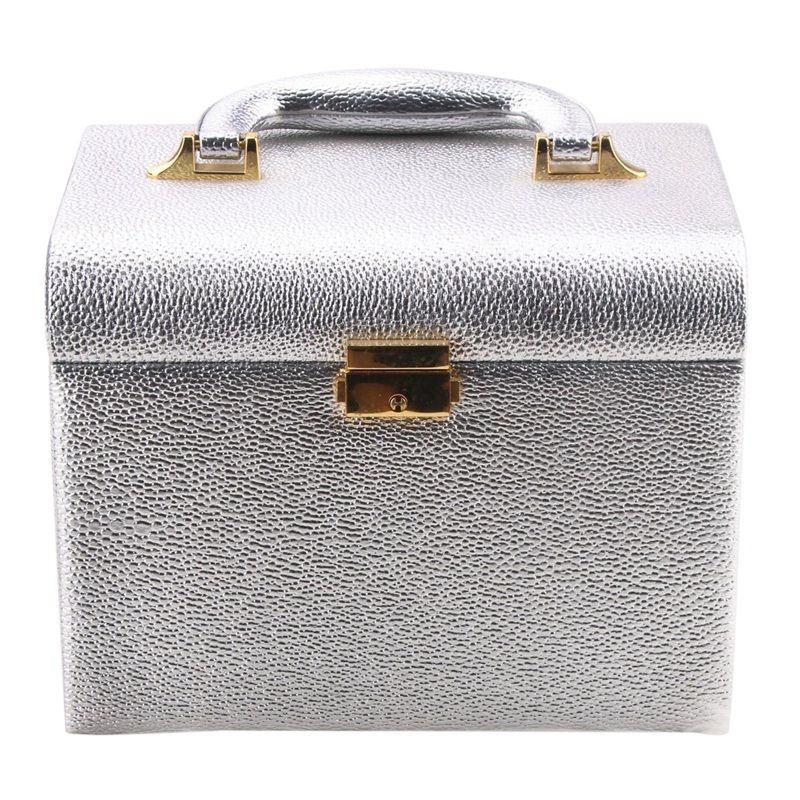PU Leather Makeup Box Lockable Jewelry Box with Mirror Makeup Case Beauty Case Cosmetic Bag Travel Makeup Bag Silver