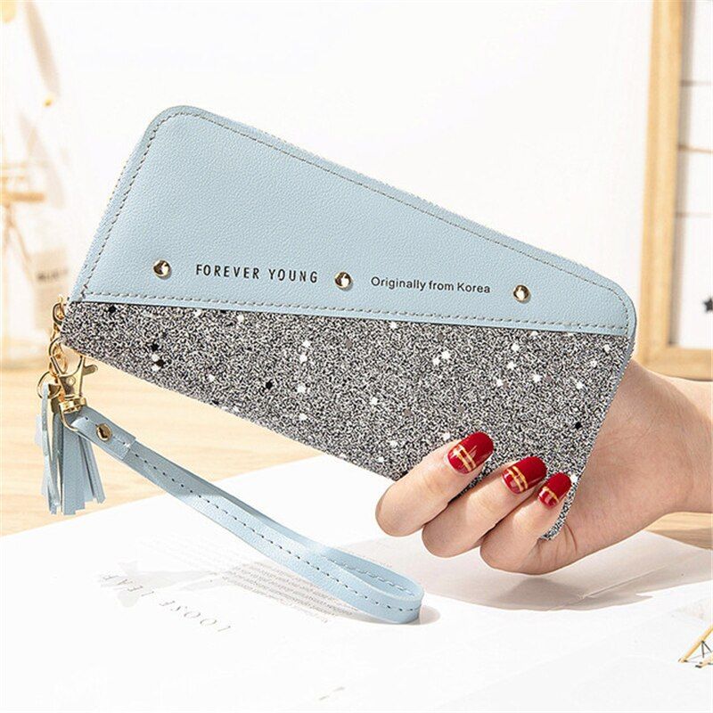Women's Sequins Patchwork Glitter Letter Wallets Female Pu Leather Long Coin Purses Ladies Card Holder Clutch Bag