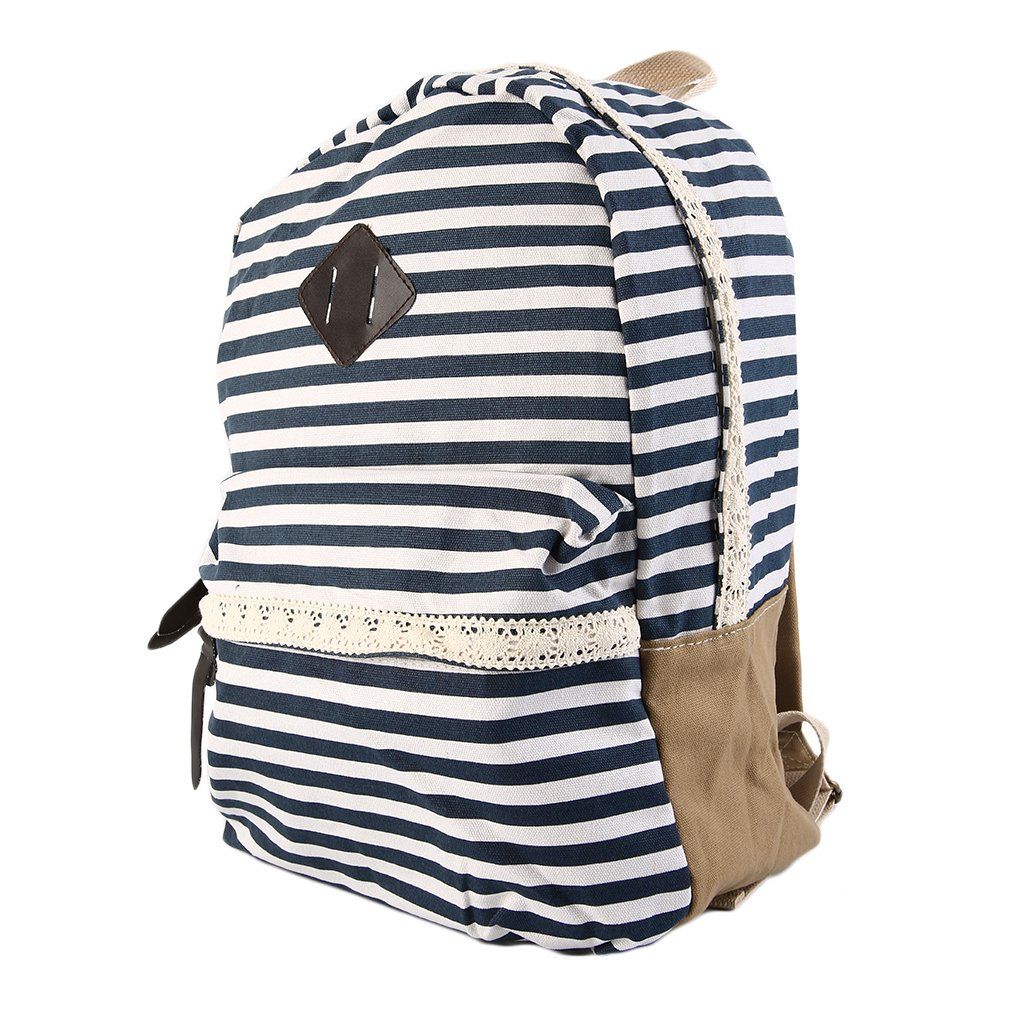 Stripe Backpack Shoulder Women Lace Bag Canvass Leisure School Travel Fashion blue