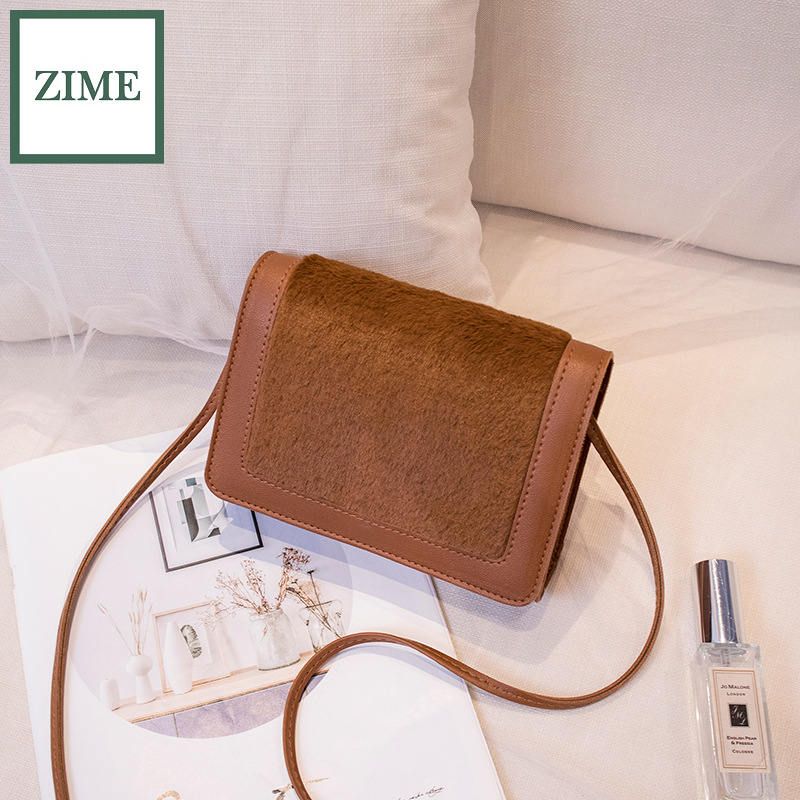 ZIME Women's bags new winter one-shoulder messenger small square bag trendy fashion European and American fan foreign furry bag