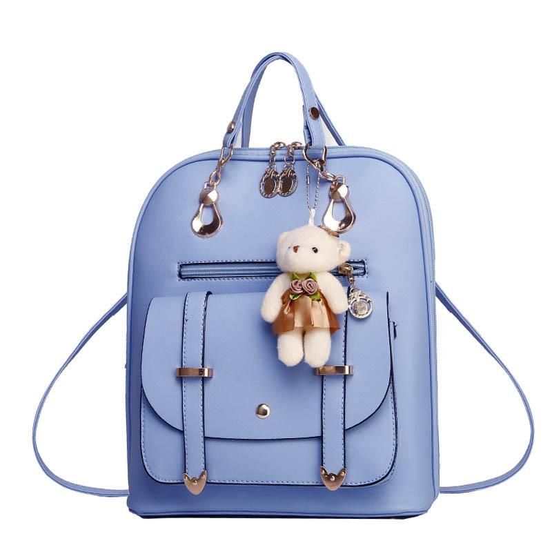 New Casual PU Fashion Women School Travel Bag With Bear Doll For Teenagers Girls