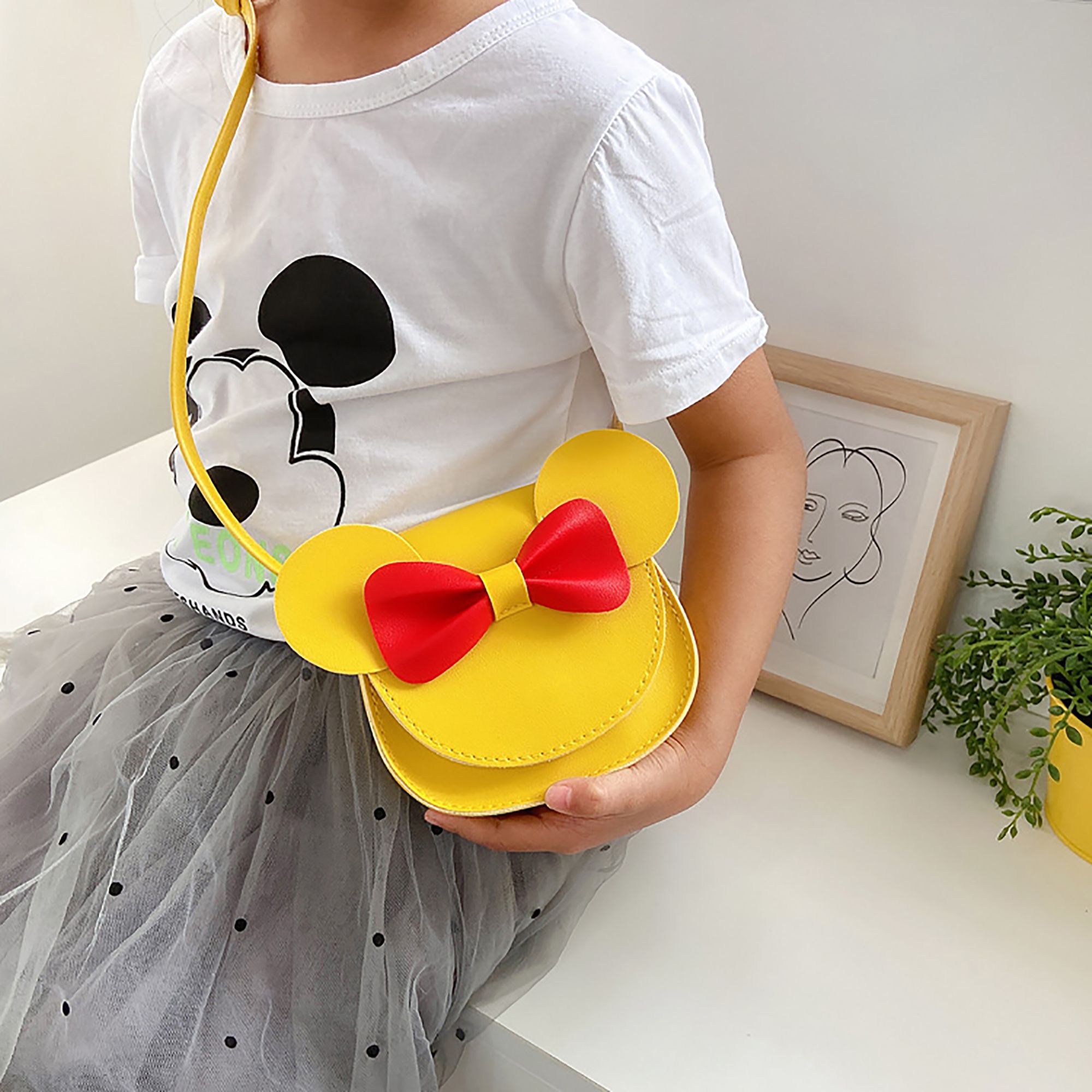 Baby Girl Cartoon Crossbody Bag, Cute Mouse Ear Bowknot Magnetic Snap Shoulder Bag