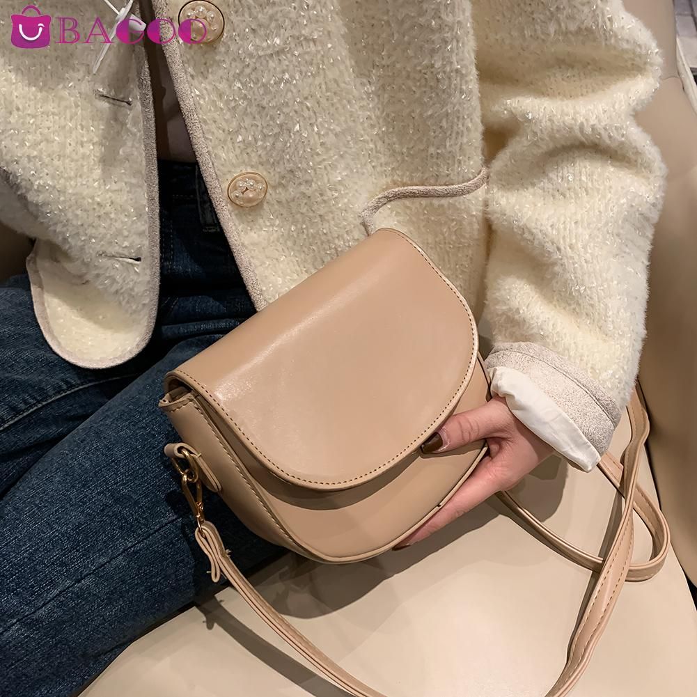 Retro PU Leather Crossbody Handbag Women Solid Color Semicircle Shoulder Messenger Small Satchel Bags