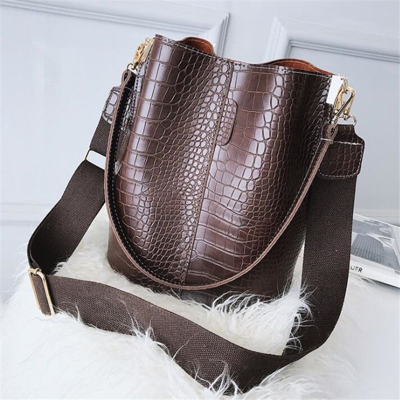 Yogodlns Crocodile Pattern style for Women Pu Leather Shoulder Bags Large Size Bucket Bags Retro Wide Strap Shoulder bag