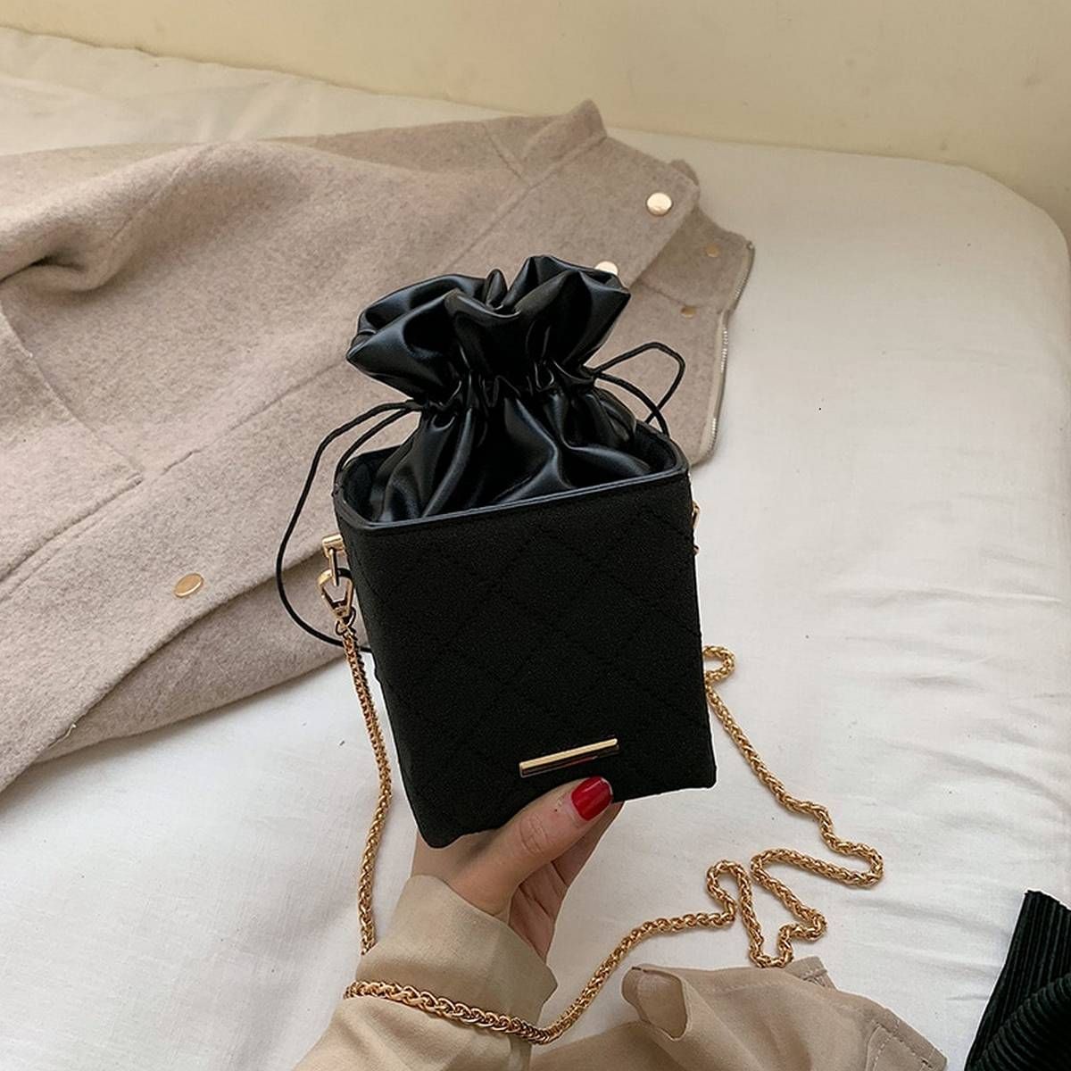 Small Box Shape Drawstring Women Bucket Bags Luxury Handbags Women Bags Designer Purses Lipstick Female Shoulder Crossbody Bags