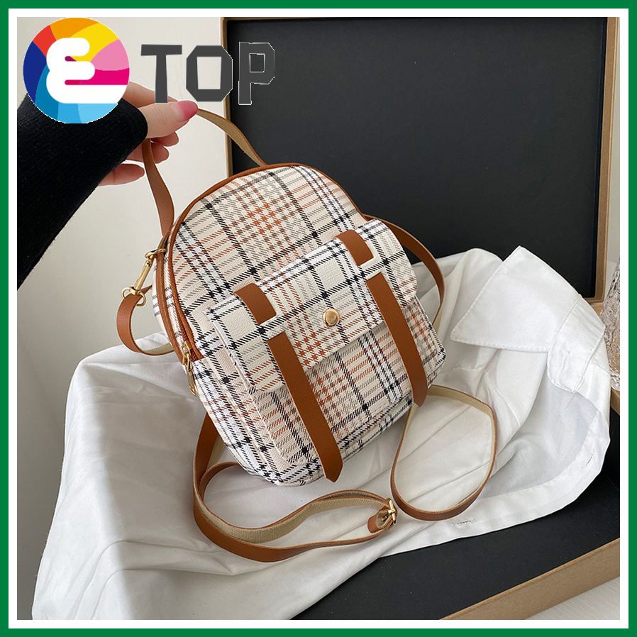 Female bag shipping summer Korean printing check color parallel bars front pocket portable small backpack