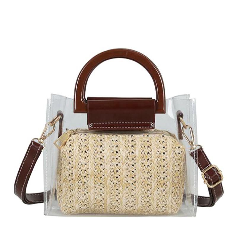 【BestGO】Women Clear Bags Summer Straw Crossbody Shoulder Bags Two Piece Women Transparent Bags Handbag Clutch Purse