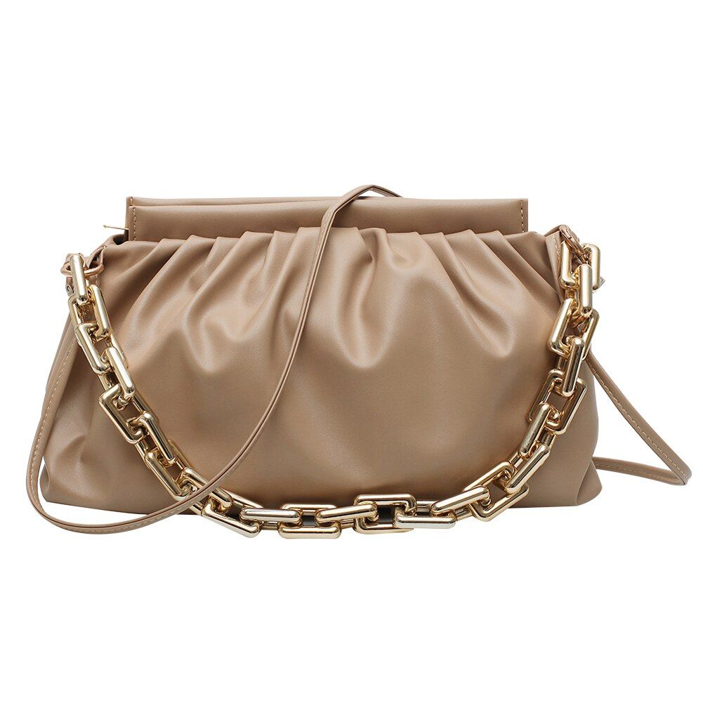 Women PU Leather Pleated Shoulder Messenger Handbag Fashion Cloud Crossbody Bag Popular Simple Female Thick Chain Daily Bag