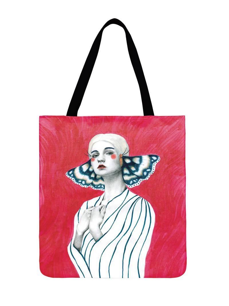 Woman Shoulder Art Print Tote Linen Fabric Shopping Butterfly Girl Painting Casual Totes Reusable Outdoor Beach Ladies handbag