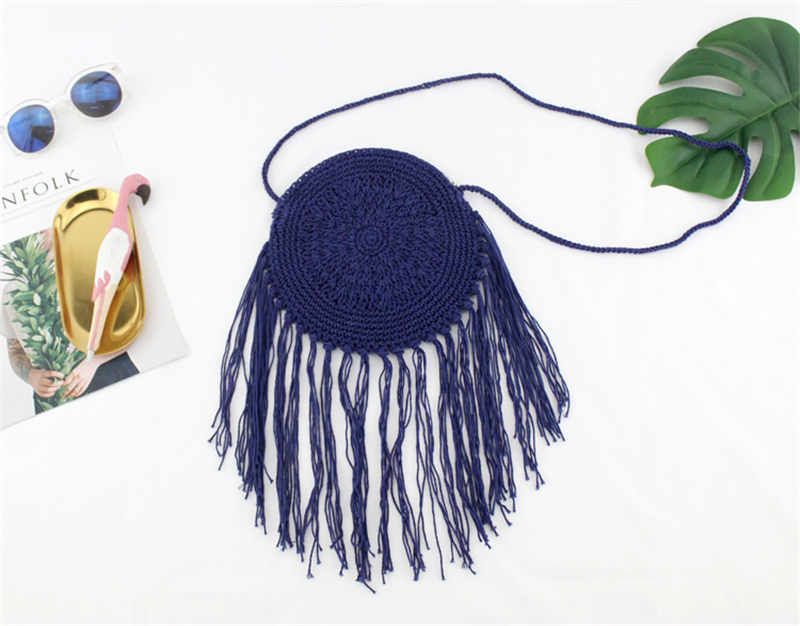 Cotton hand-knitted cross-body straw round tassel beach handFree Shipping Ladies handbag