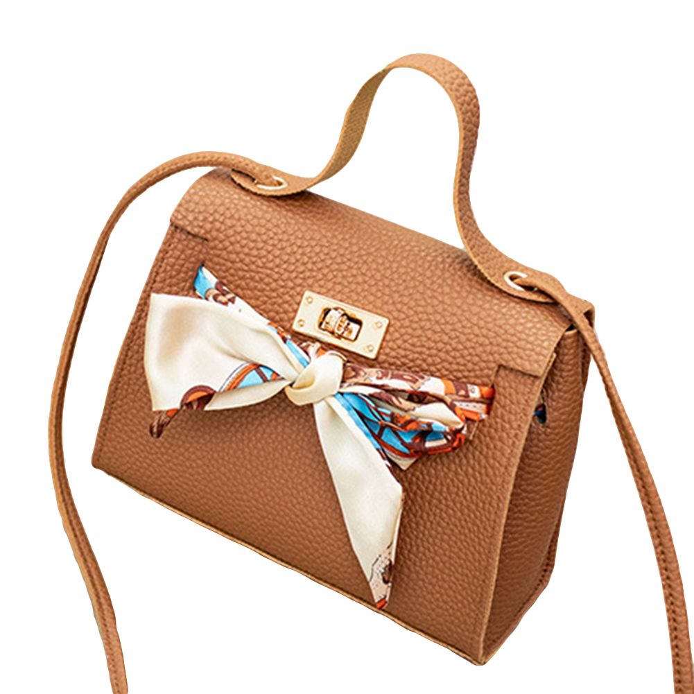 Women Solid Color Ribbon Bow Handbag Turn Lock Faux Leather Crossbody Sling Bag