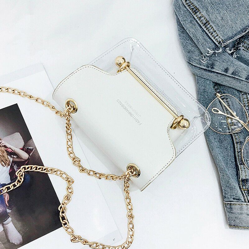 New Hot Fashion Women Gold Chain Small Square Shoulder Bag Clear Transparent PU Composite Messenger Bags New Female Handbags