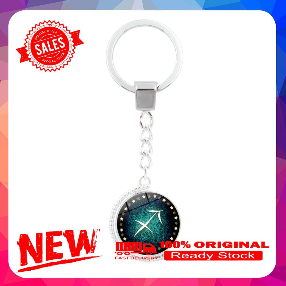12 Constellations Double Side Rotatable Glass Cabochon Pendant Keychain Key Ring