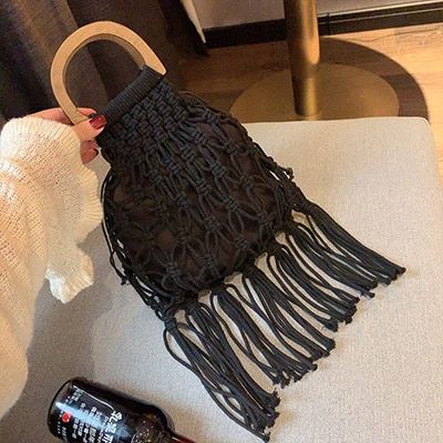 Vintage Cotton Rope Hollow Straw Bag Sheer Macrame Tote wooden ring rattan handle Net Bag Chic handbag fashion tassel beach Bags