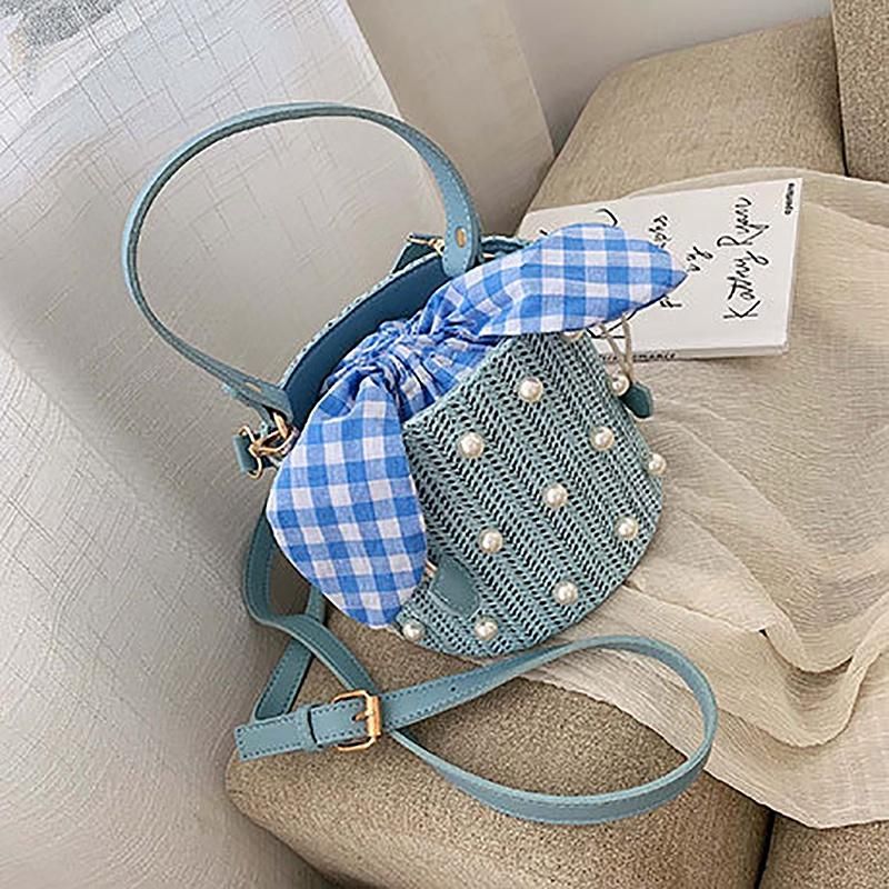 【BestGO】Summer Round Rattan Handmade Bag n Leisure Straw Bag Bucket Knitting Shoulder Crossbody Beads Beach Bag
