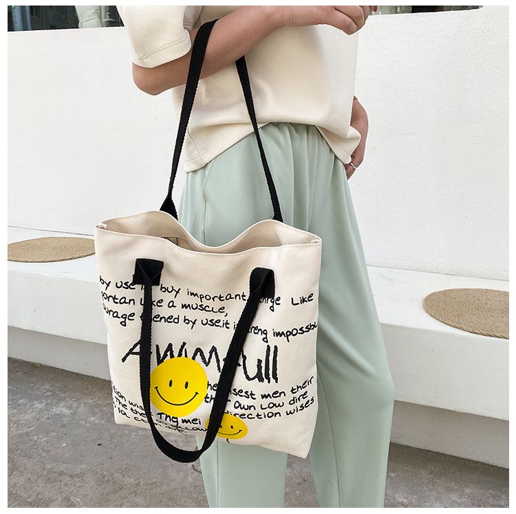 Fashionable Large-capacity Smiley Cute Canvas Shoulder Bag Letter Handbag