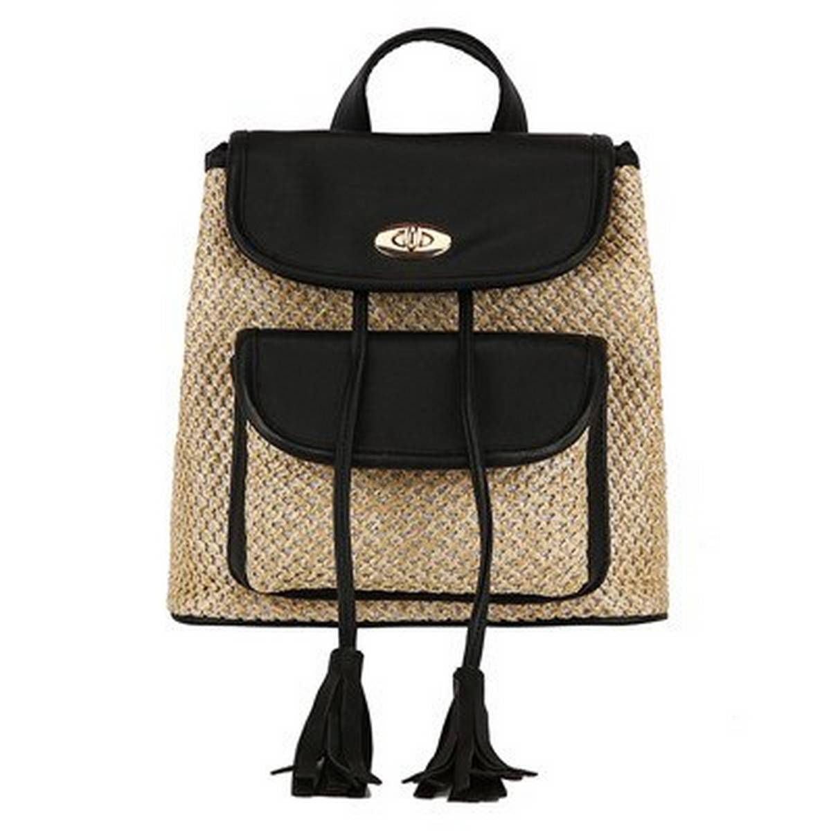 tassel leather+straw women backpack summer woven beach bag drawstring school backpack teenage girls rucksack backpack women bags
