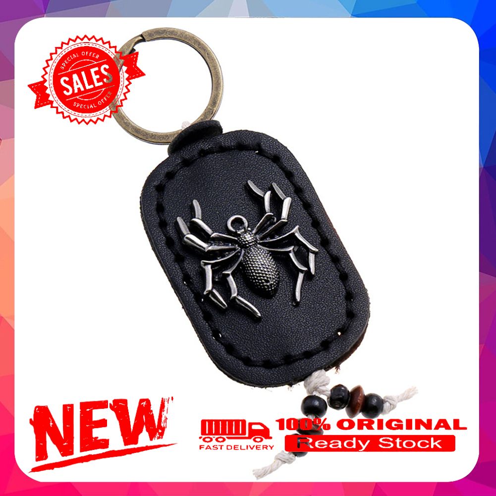 Retro Women Faux Leather Alloy Spider Handmade Pendant Keychain Key Ring Decor