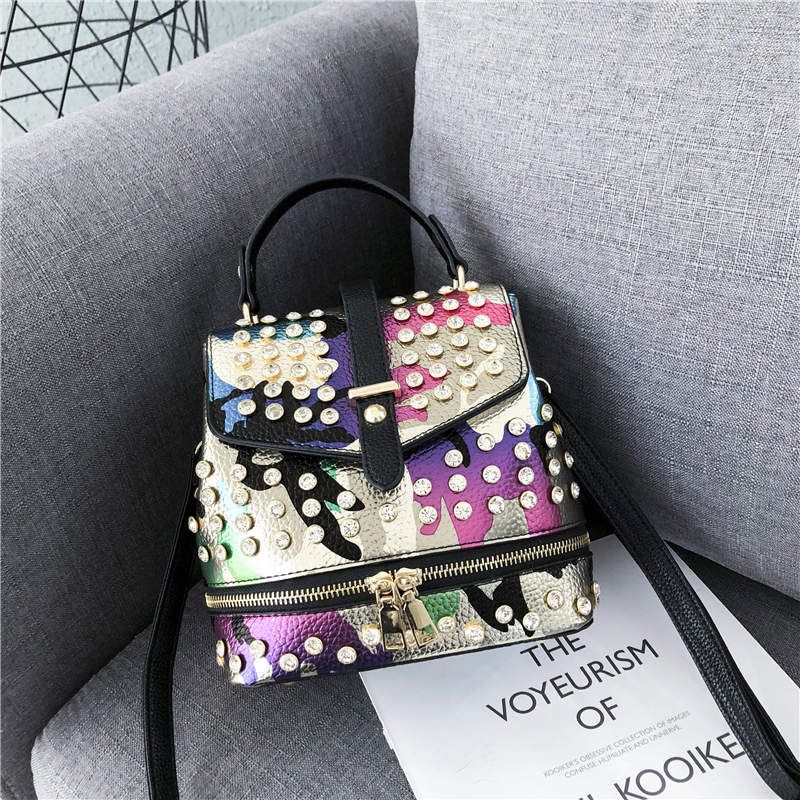 LYKANEFU Punk Style Mini Women Backpack Camouflage Pattern Backpacks for Teenage Girls PU Leather Over Shoulder Bags Diamonds