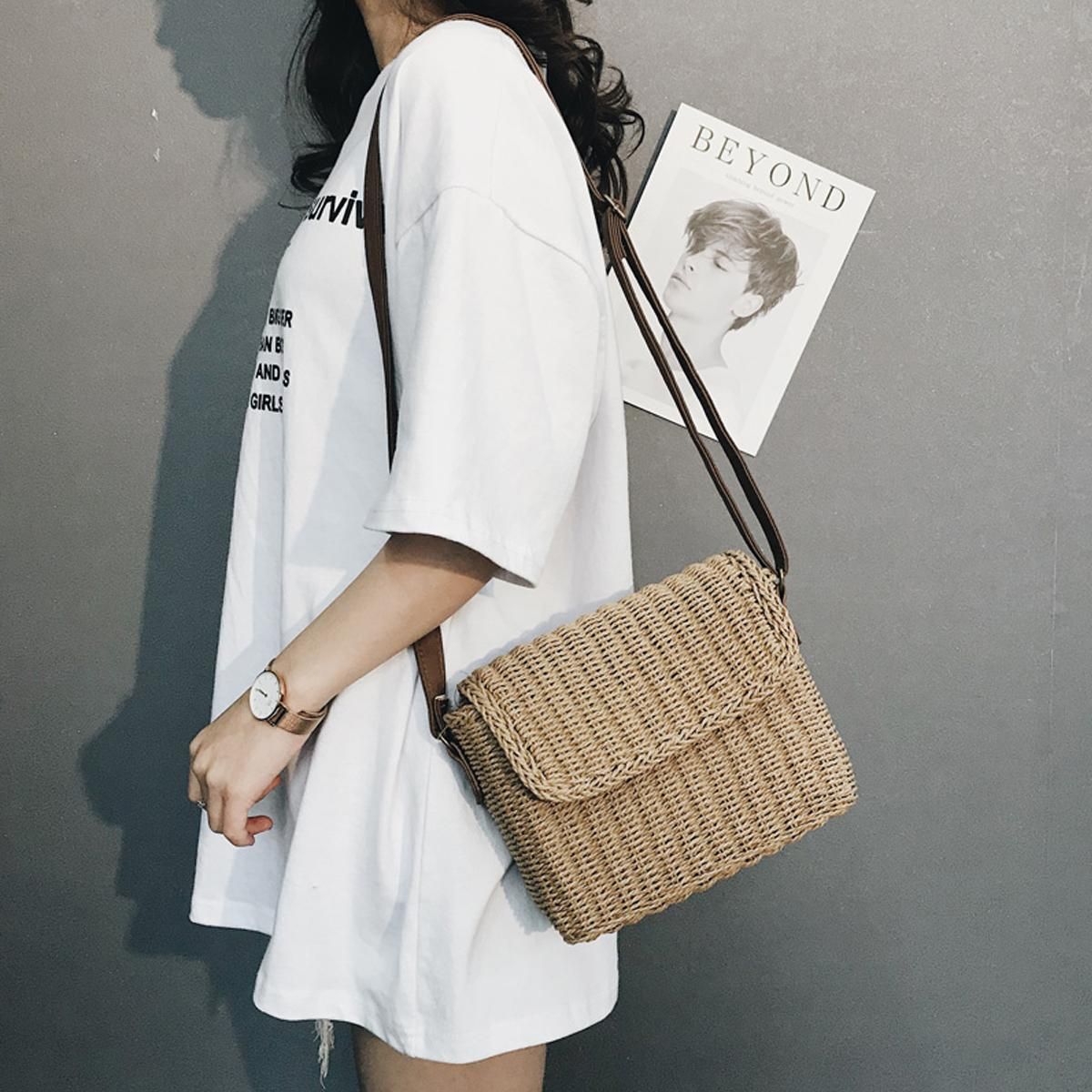 Women Bohemia Straw Rattan Beach Tote Handbag Travel Ladies Casual Travel Woven Bag - Khaki (Khaki)