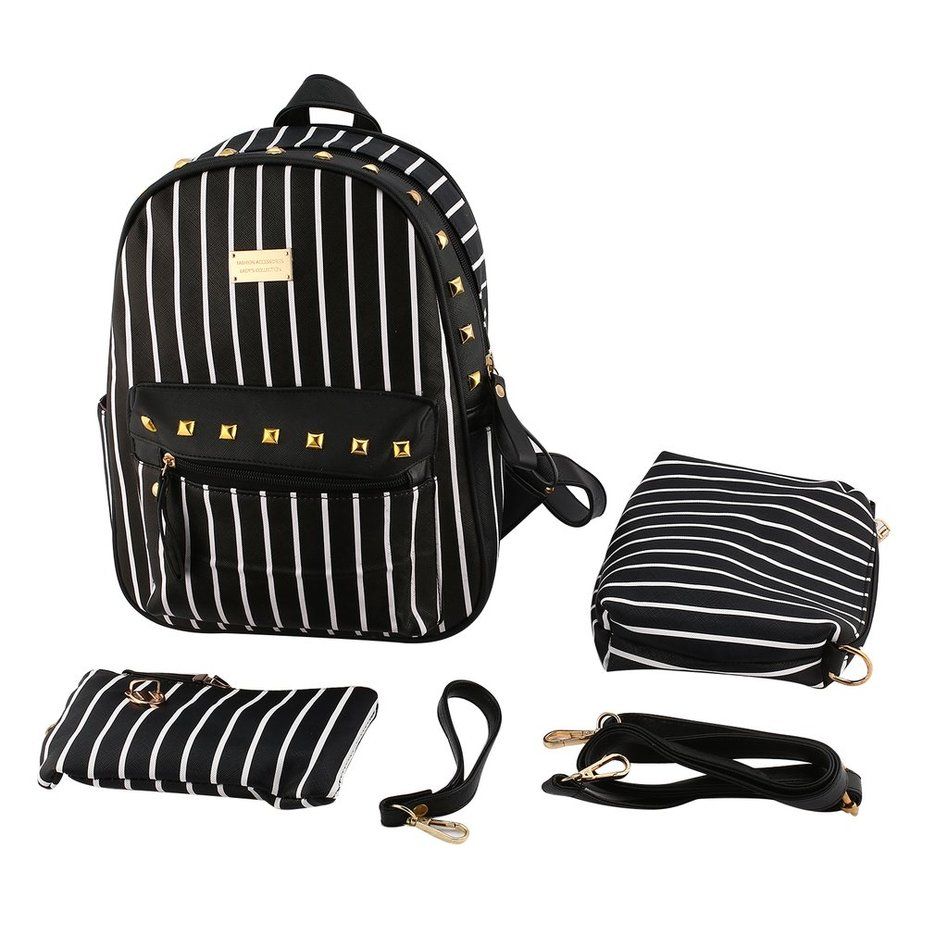 3Pcs Fashion Women Striped Backpack with Clinch Bolt Shoulder Bag Hand Bag