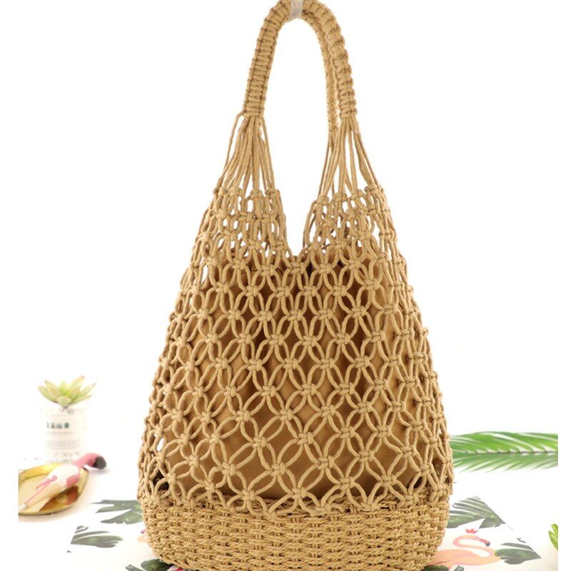 Women Woven Mesh Shopping Bag Cotton Rope+straw Weaving Reticulate Hollow Straw Bag Net Shoulder Bag Beach Holiday Bags