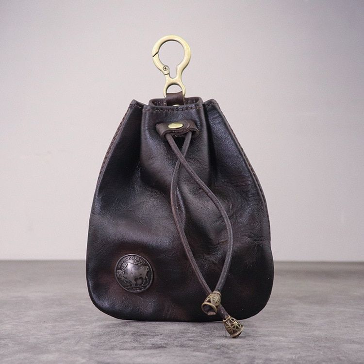 Vintage   Leather Coin Purse Men Women Small Mini Wallet Amekaji Wallets Change Purse DrawString  Key Holder Pouch