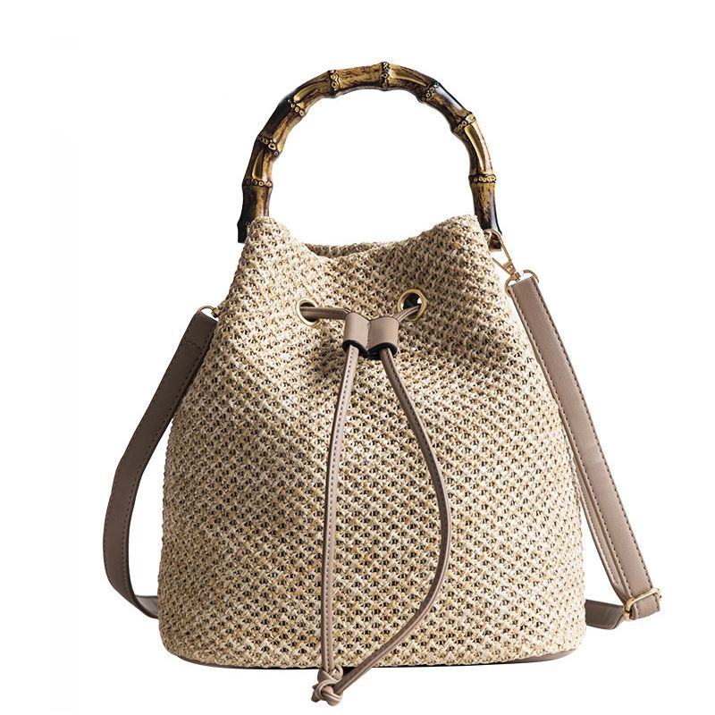 Individual Drawstring Women's Straw Bucket Bag Summer Woven Shoulder Bags Shopping Purse Beach Handbag Straw Handbags Travel Bag Tote(Khaki)