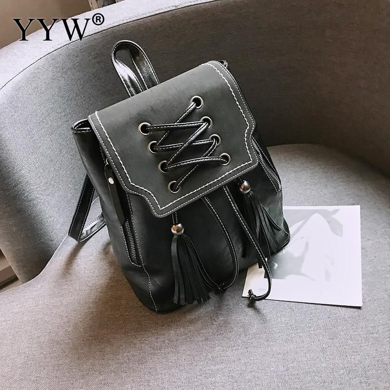 Vintage Female Drawstring Pu Leather Tassels Backpacks For Teenage Girls Small School Bags Women High Quality Casual Rucksack