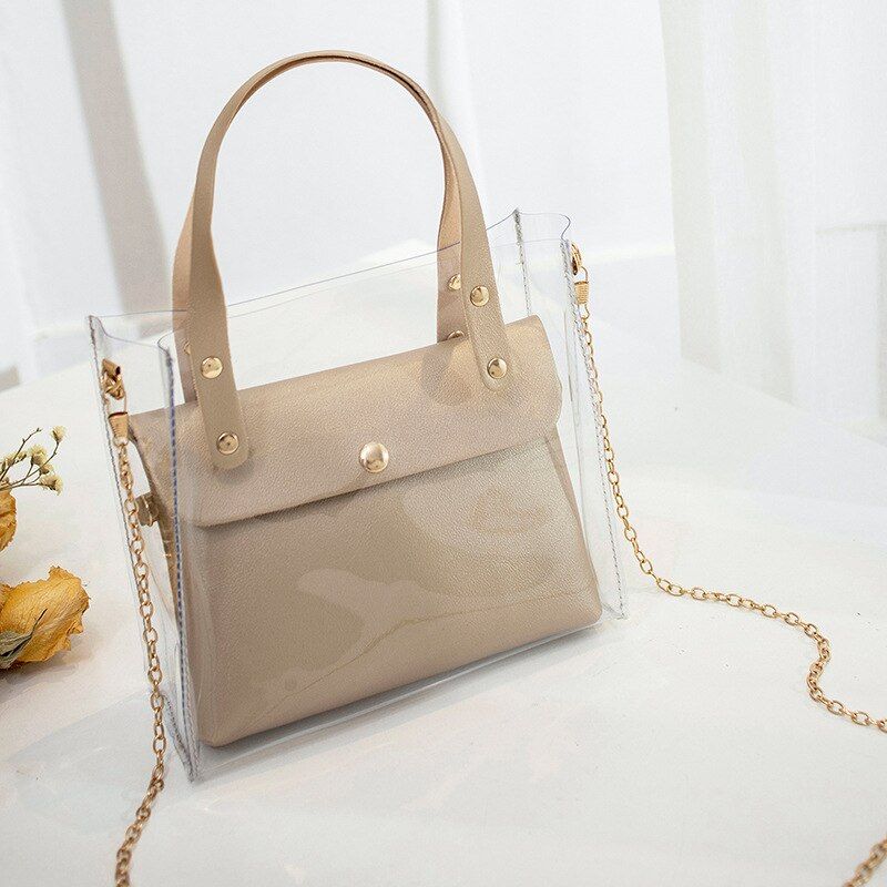 New Fashion Transparent Shoulder Crossbody Bags PU+PVC Clear Bag Set Satchel Bag Ladies Girl Casual Chain Tote Handbags Purses